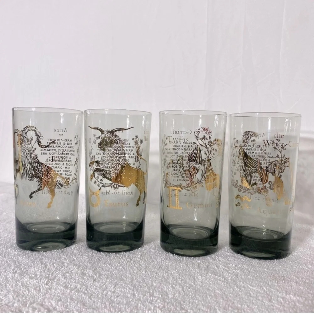 Vintage Federal Glass Smoky Gold Detailed Zodiac Glasses x4